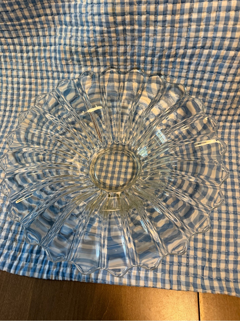 Clear Glass Fluted Serving Bowl, Scalloped Rim Open Center